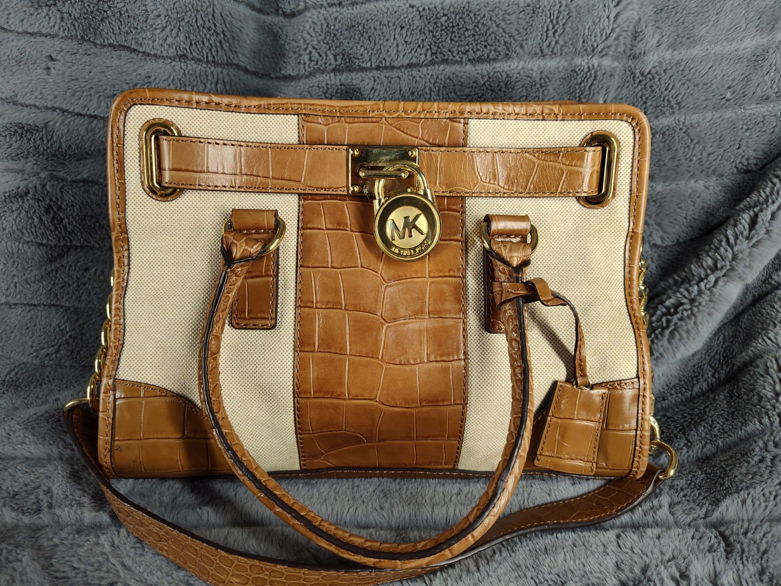 Michael Kors Hamilton Canvas, Croc Embossed Leather Shoulder Bag Lock & Key ST19