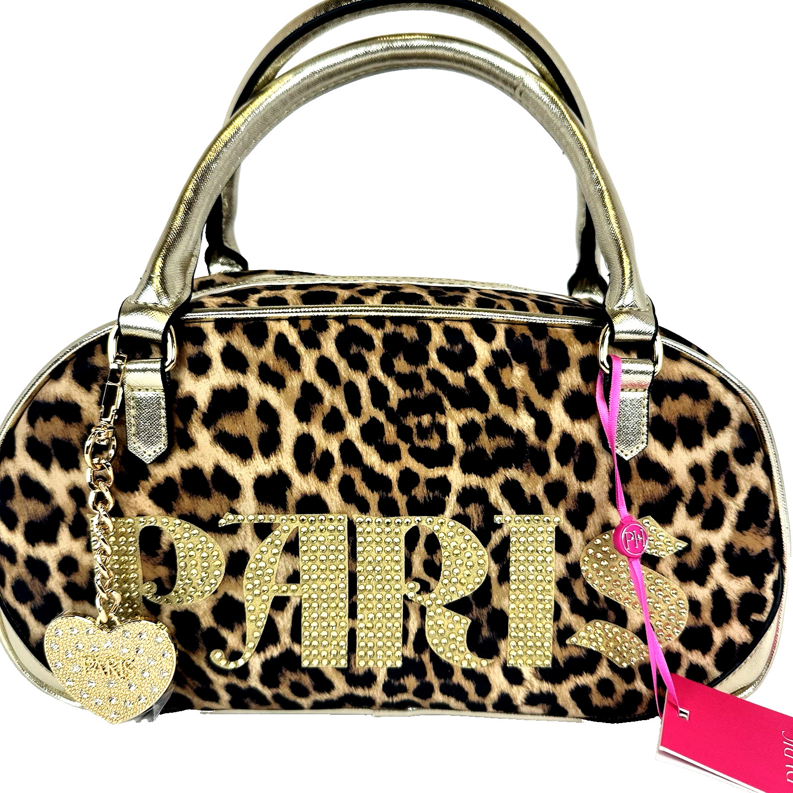 Paris Hilton Leopard Bowler Bag Rhinestone Logo Gold Heart Charm Y2K
