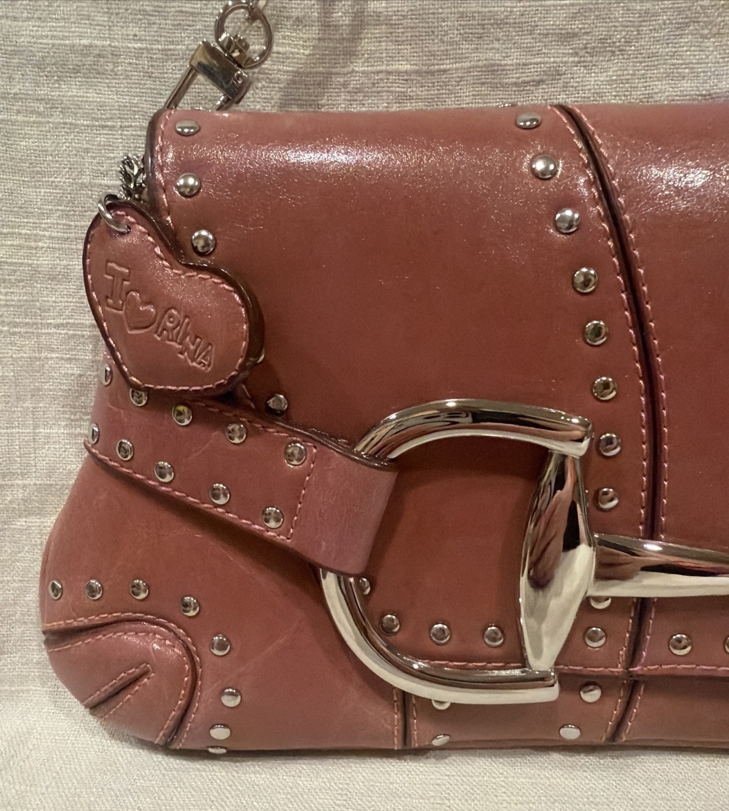 Rina Rich Y2K Horsebit Studded Shoulder Bag Pink Baguette Heart Tag Vintage