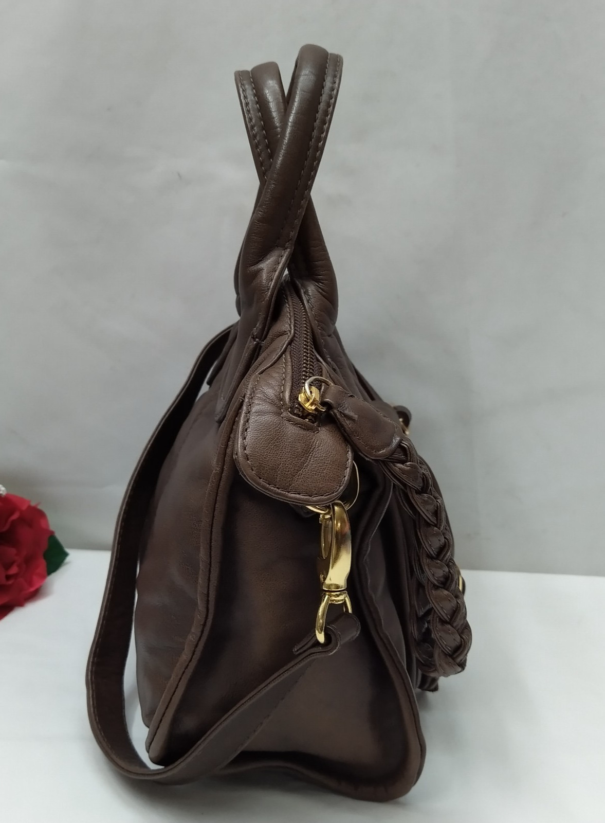 Bulga Brown Leather Buckle Pockets Double Handles Zipper Satchel Bag – $275