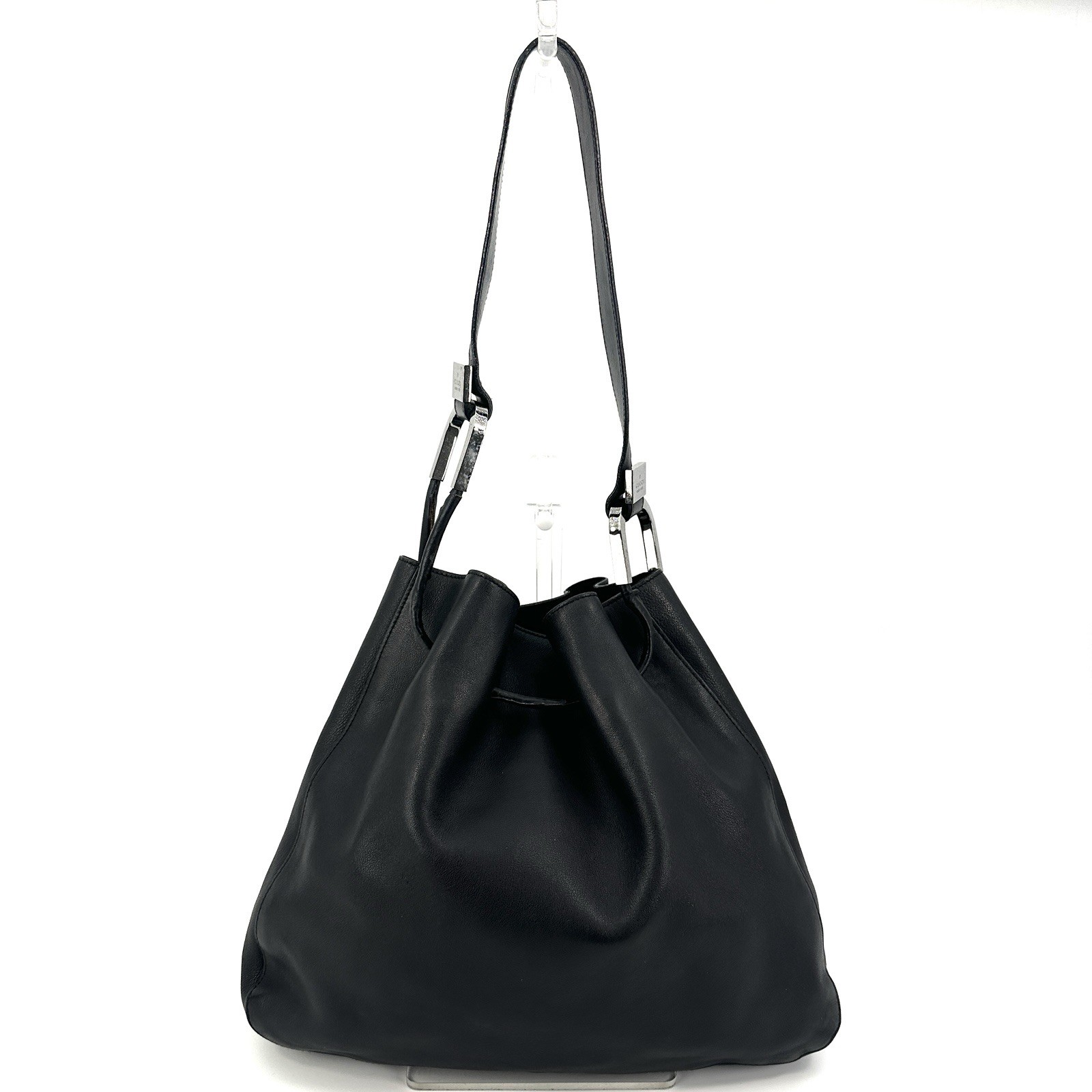Gucci All Leather Drawstring Bag Shoulder Bag Handbag Black Authentic