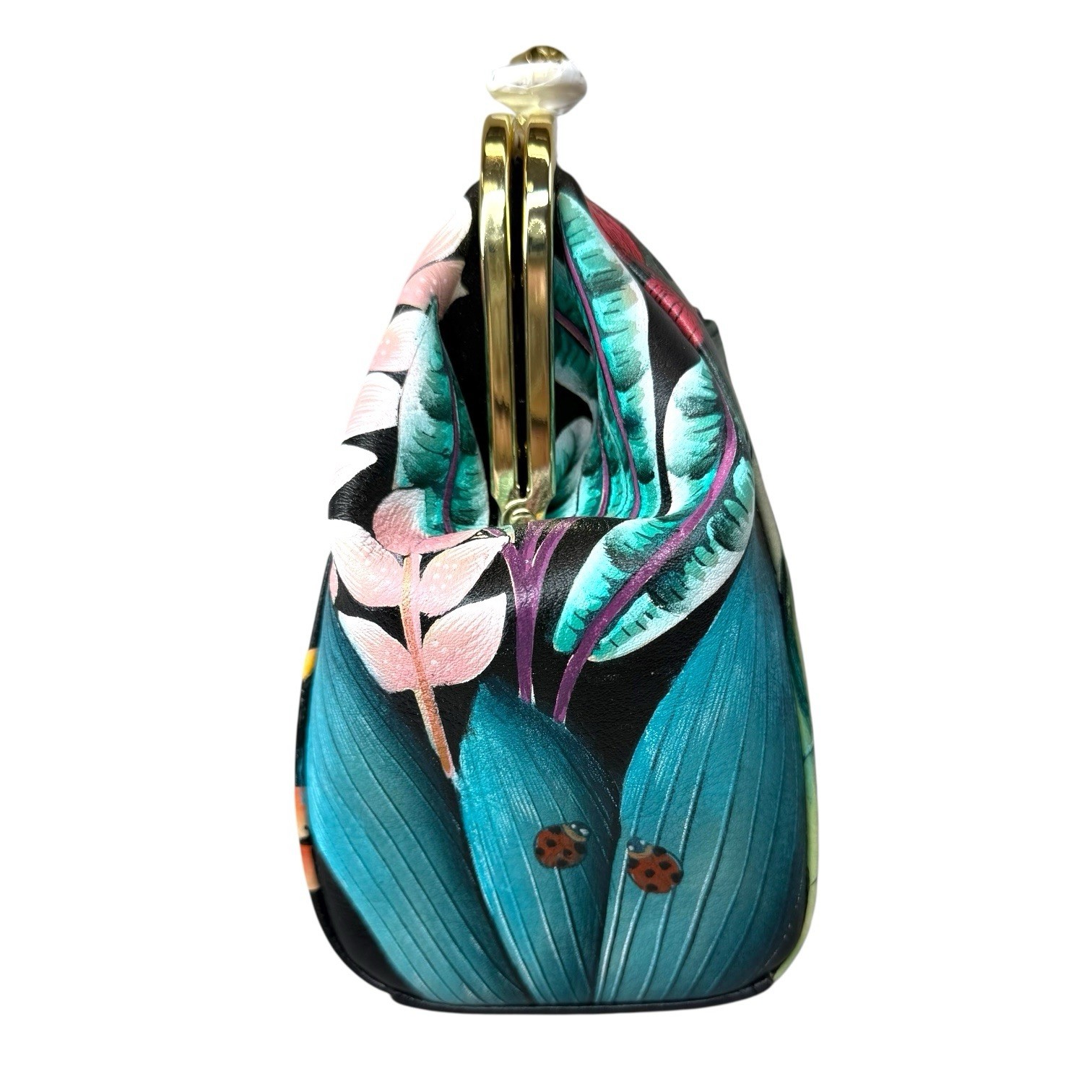 Anuschka Hand-Painted Jungle Kiss Lock Clutch Leather Crossbody Shoulder Purse