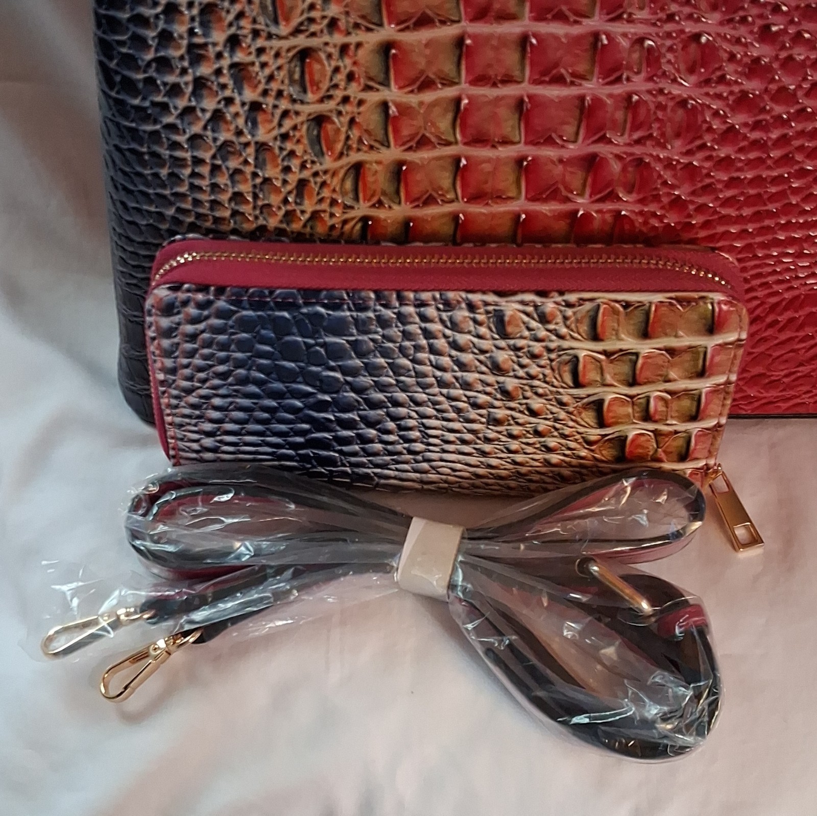 2 Pc Set Women’s Croc Embossed Colorblock Satchel Top Handle Detach Strap Wallet