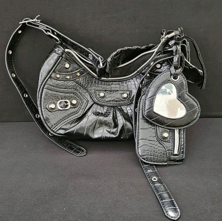 Pink Moto Shoulder Bag w/ Studs Mirror Charm & Pouch – Balnec-Inspired [B-7]