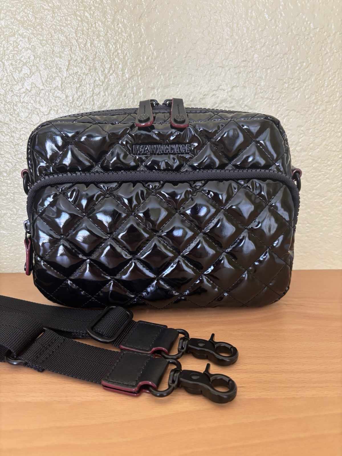 MZ WALLACE Small Metro Camera Bag Nylon Crossbody Black Lacquer