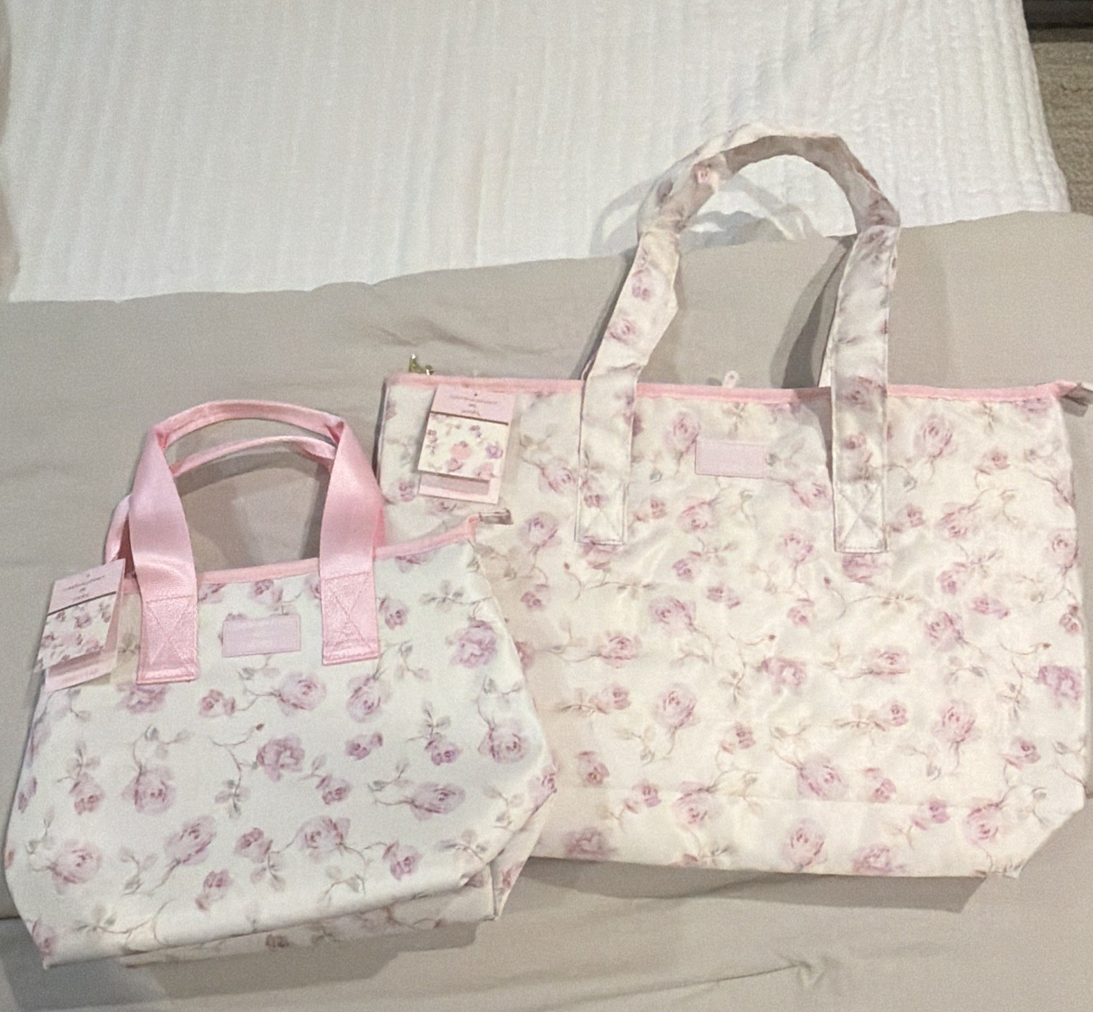 Floral Tote Bag Set w/ Lunch Tote, Zip Closure, Double Handles, Pink/White