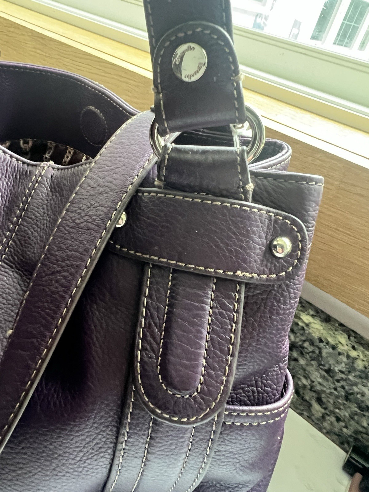 Tignanello Purple Solid Pebbled Shoulder Bag Zip Closure Inner Pockets Silver
