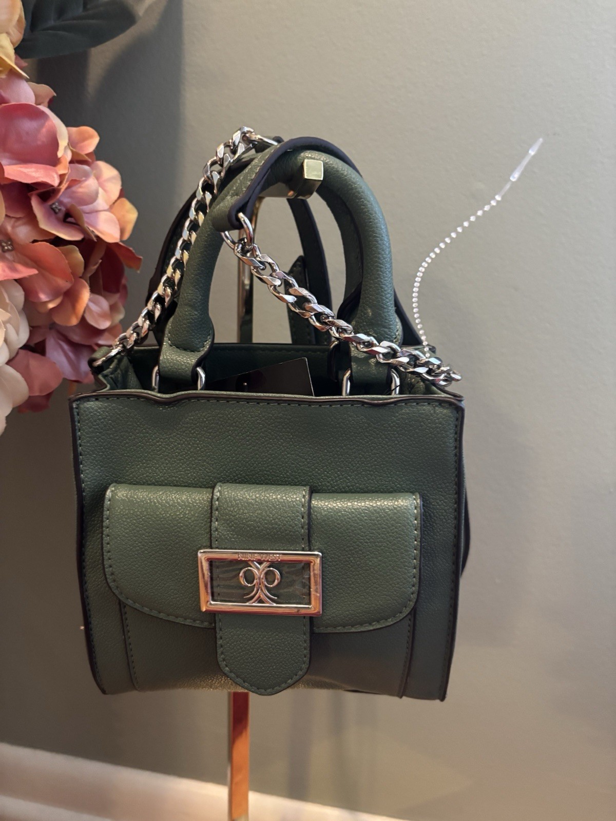 Nine West Olive Green Studded Mini Satchel Top Handle Bag with Detachable Strap