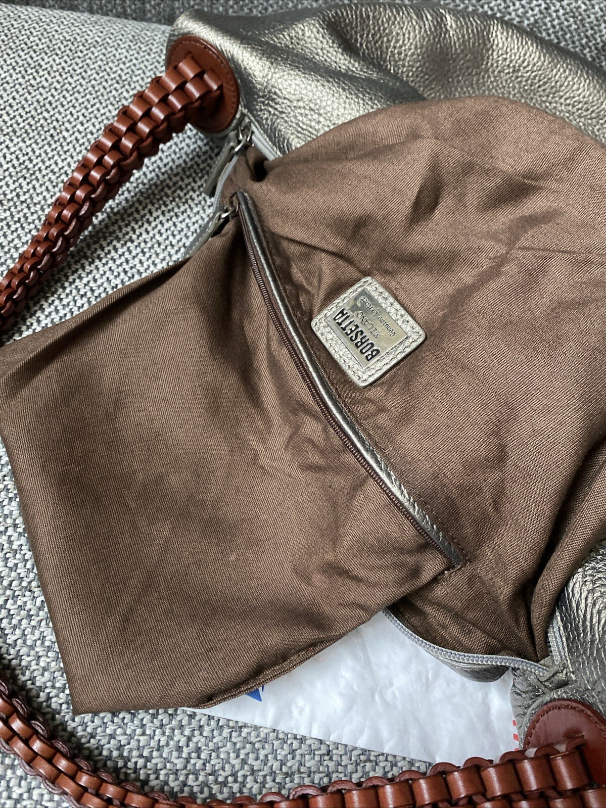 Borsetta Milano Light Gold Metallic Leather Shoulder Bag Brown Braided Strap