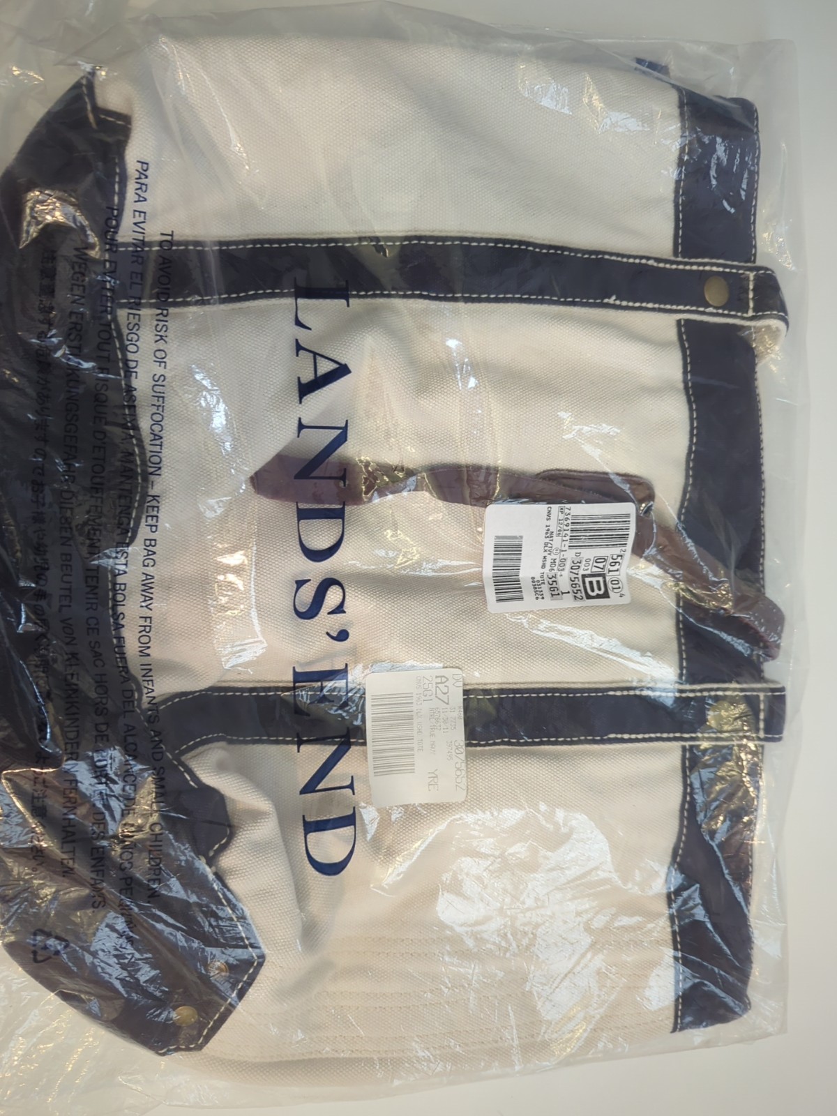 Lands’ End Canvas Tote Bag 1963 White/Blue Heavy-Duty with Pockets and Handles