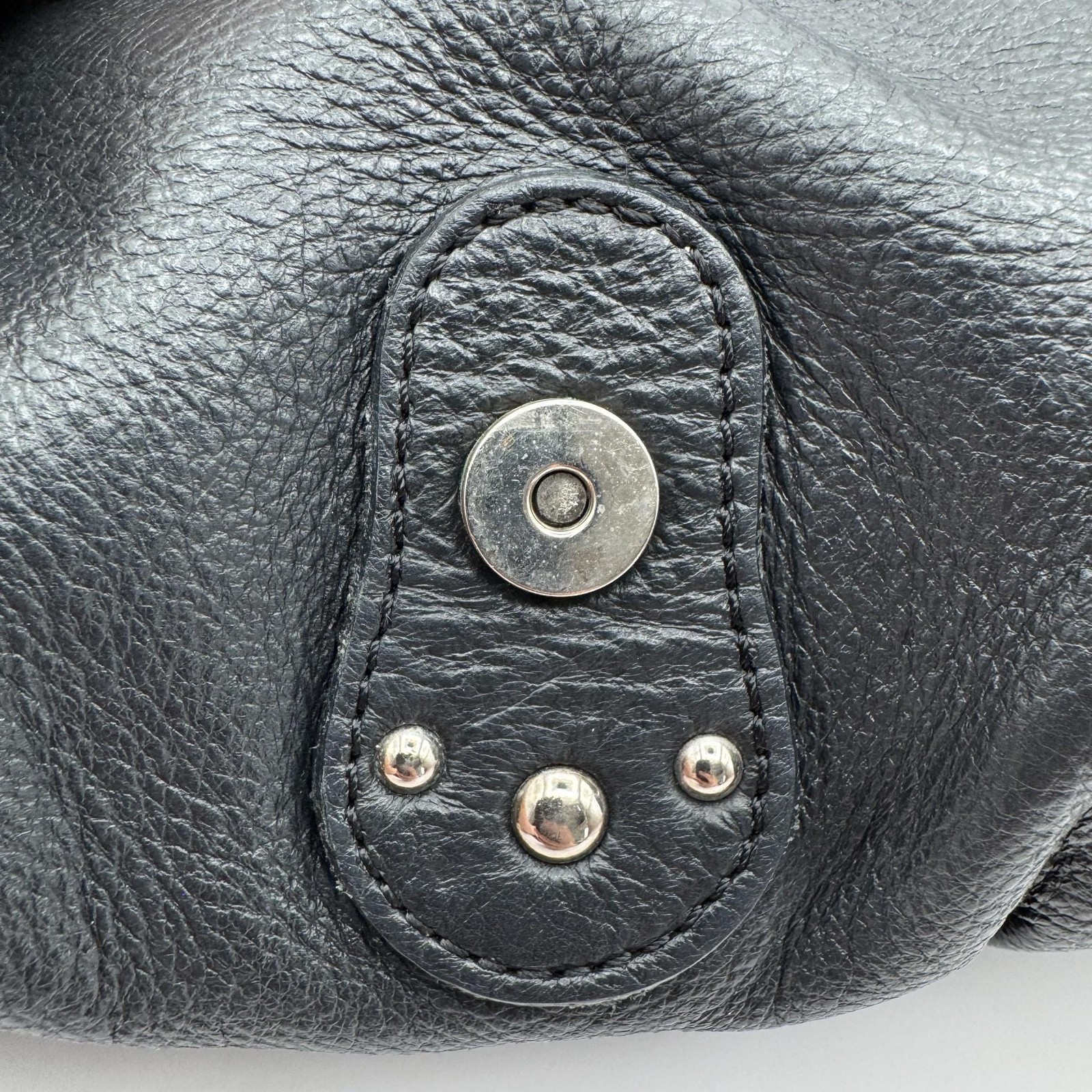 VTG Longchamp Idole Black Grained Leather Satchel Bag Studded Buckle Flap France