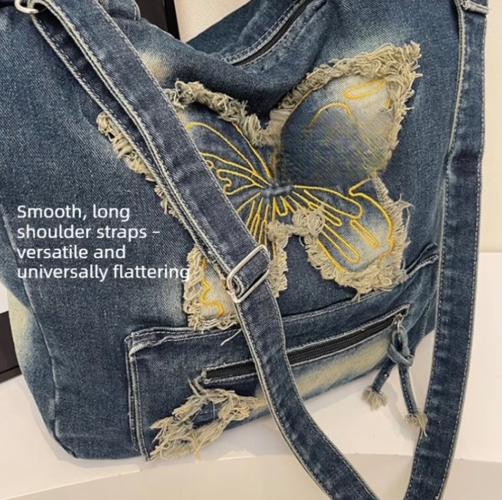 Dark Blue Denim Crossbody Shoulder Bag With Butterfly Design