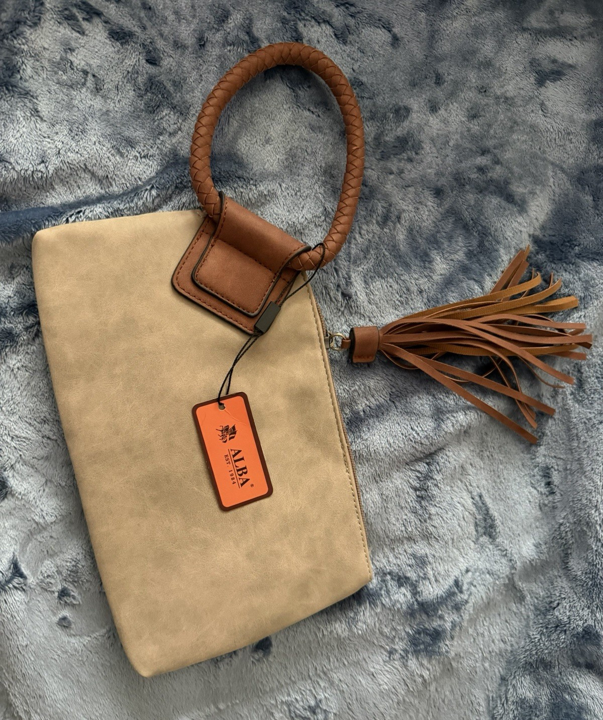 Women’s Beige & Brown Wristlet Clutch with Zip Closure, Tassel & Inner Pockets