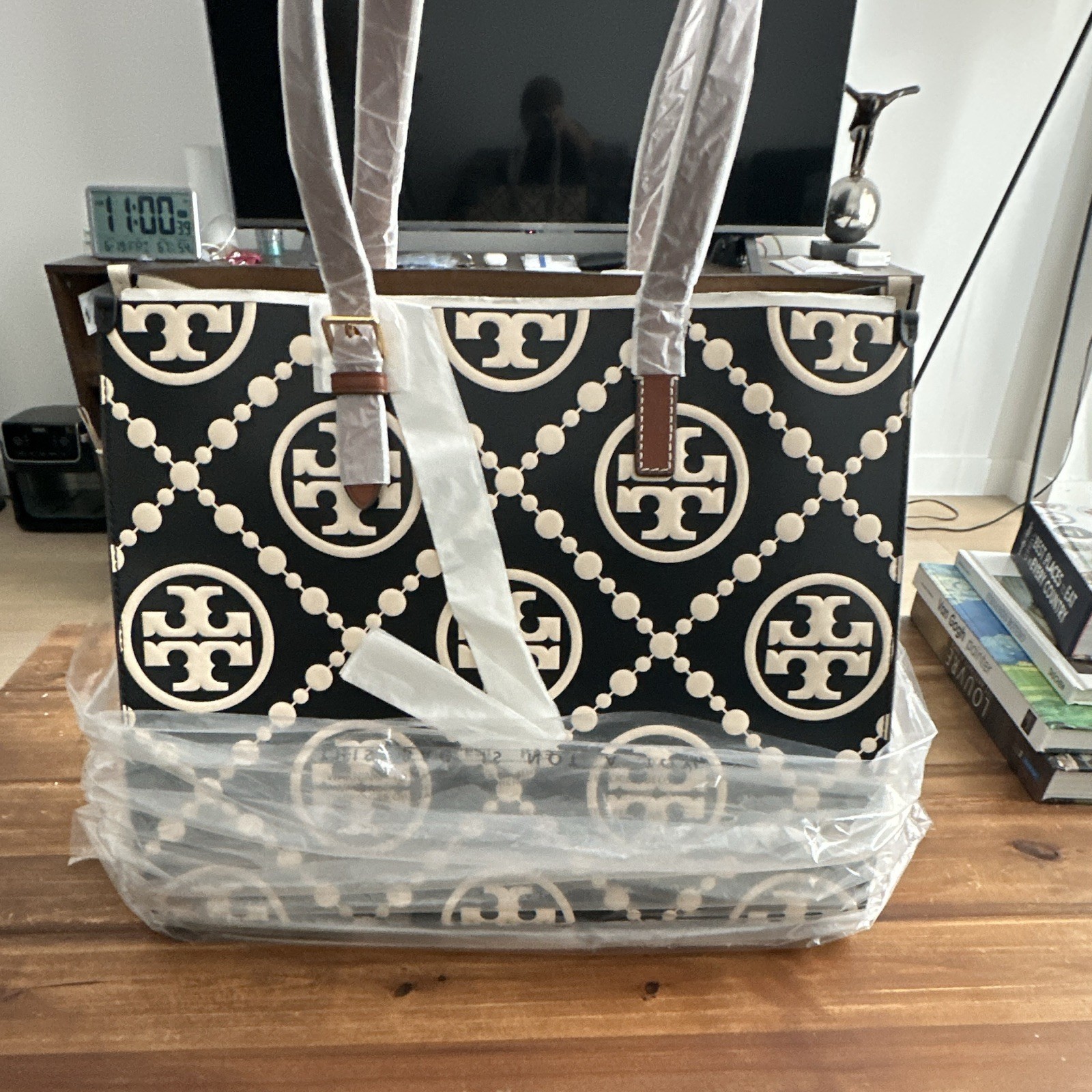 Tory Burch Logo Print Tote Shoulder Bag Beige/Black Medium Double Handle Charm