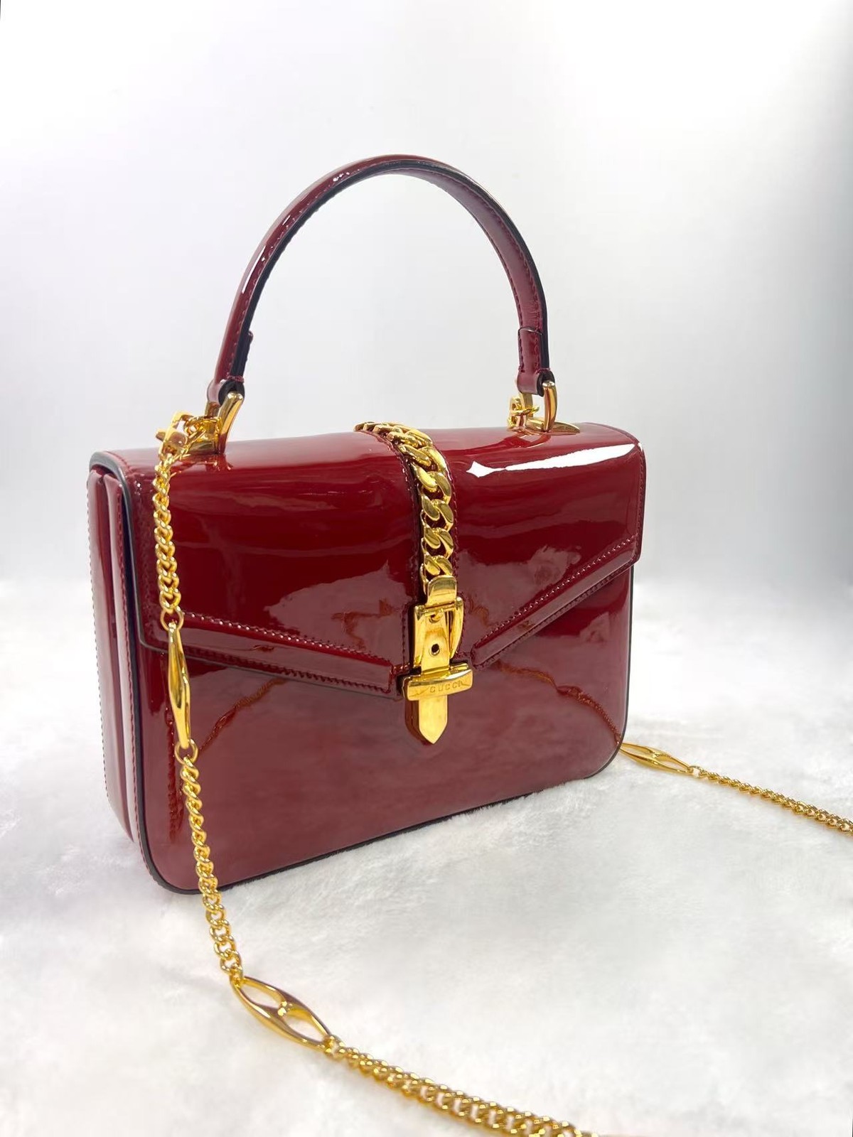 Gucci Sylvie 1969 Red Patent Leather Top Handle Chain Bag