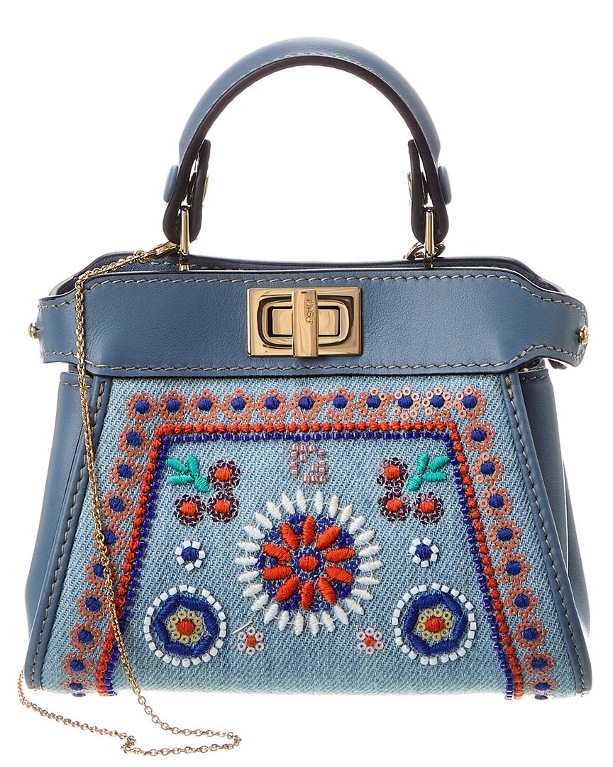 Fendi Nano Peekaboo Denim & Leather Clutch Women’s Blue