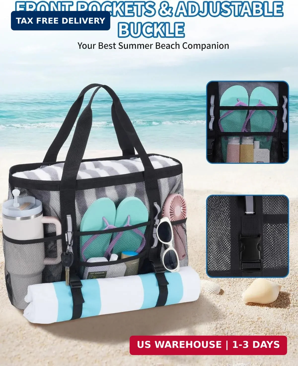 WANDF Mesh Beach Bag for Women, Large Beach Tote Bags with 40oz Tumbler Side Poc
