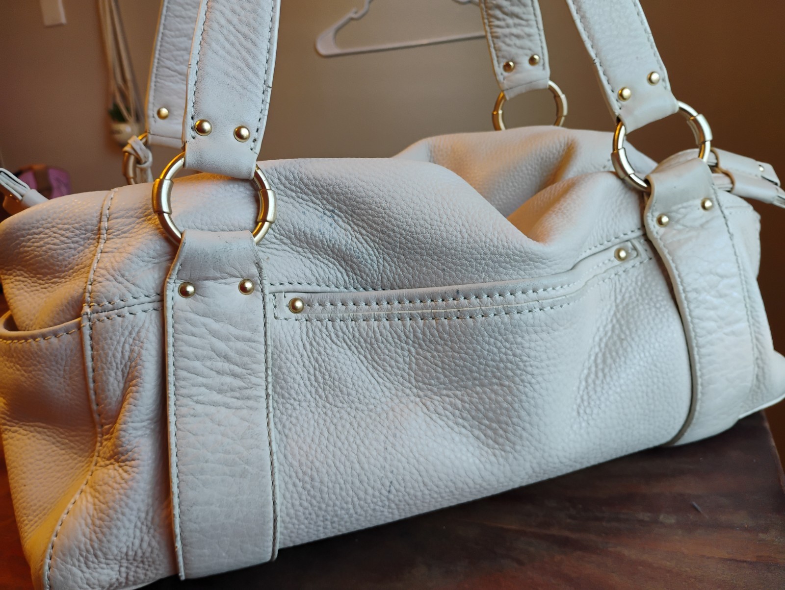 Michael Kors Fulton White Pebbled Leather Studded Satchel Shoulder Bag MK Charm