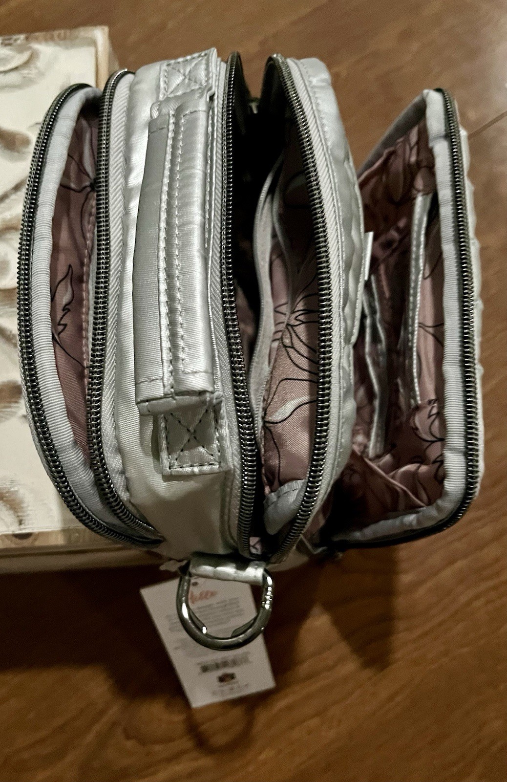 Lug Metallic Silver Quilted Crossbody Women’s Handbag Zipper Stitching
