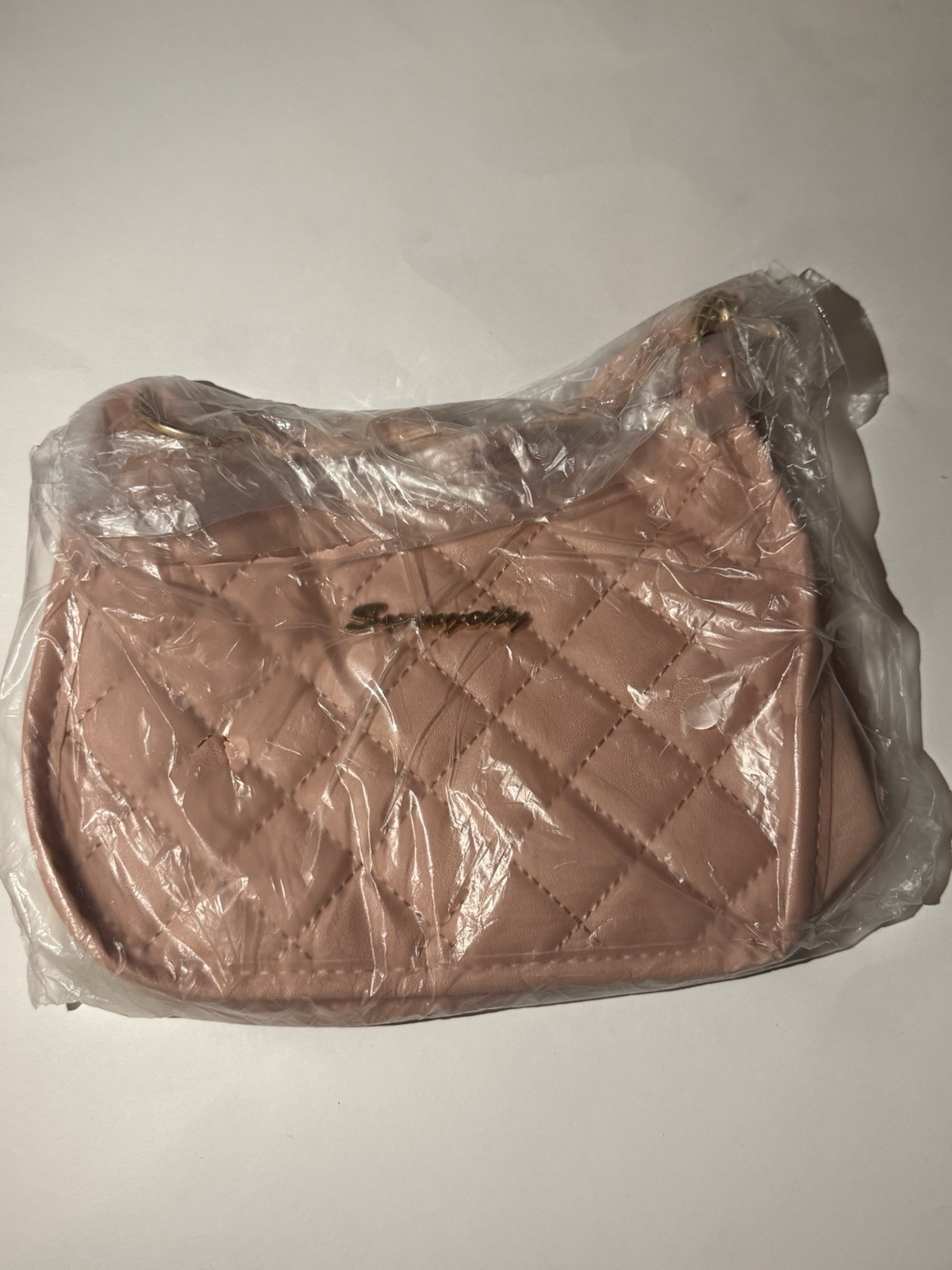 Pink Small Quilted Crescent Shoulder Bag Zip Closure Gold Hardware Adj Strap