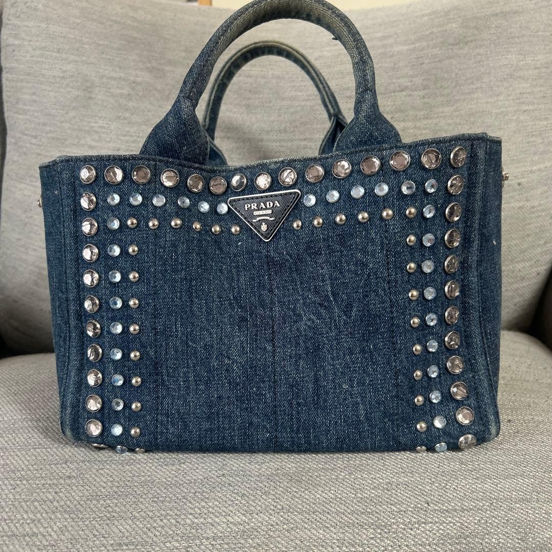 Auth PRADA Canapa Tote Bag Indigo Blue Navy Triangle Logo Denim Studs Women’s