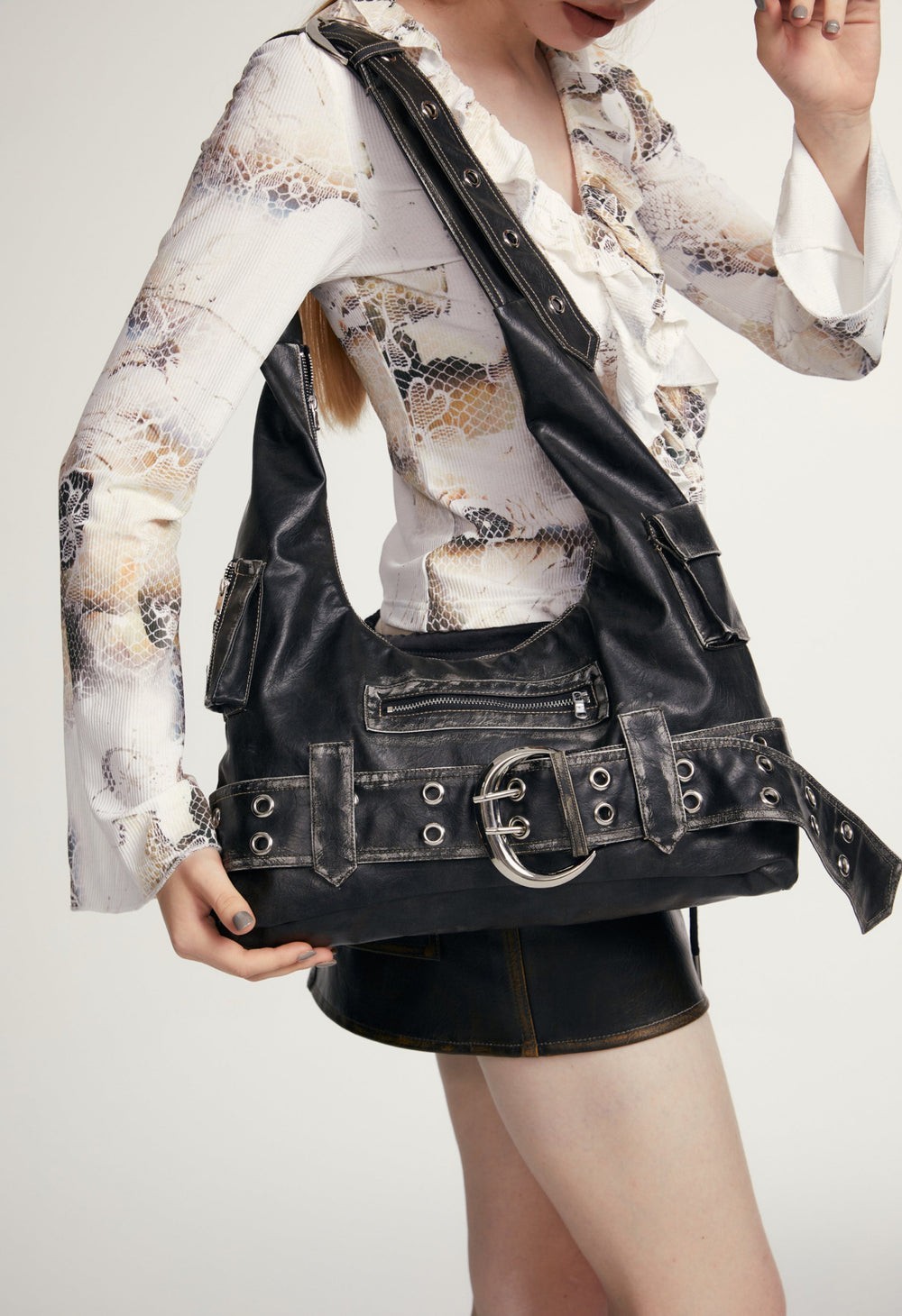 Y2K Punk Hobo Bag Belted Cyberpunk Crossbody Washed Leather Shoulder Bag Goth