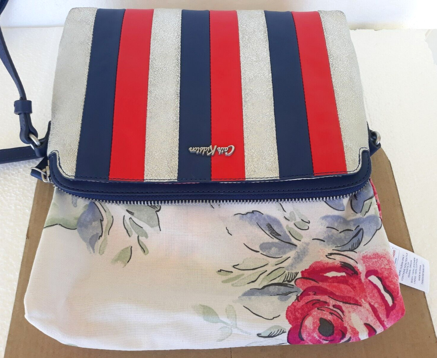 Cath Kidston ~Leather Red Blue Silver Stripe Crossbody Bag ~ 7″ x 10″ ~Very Nice