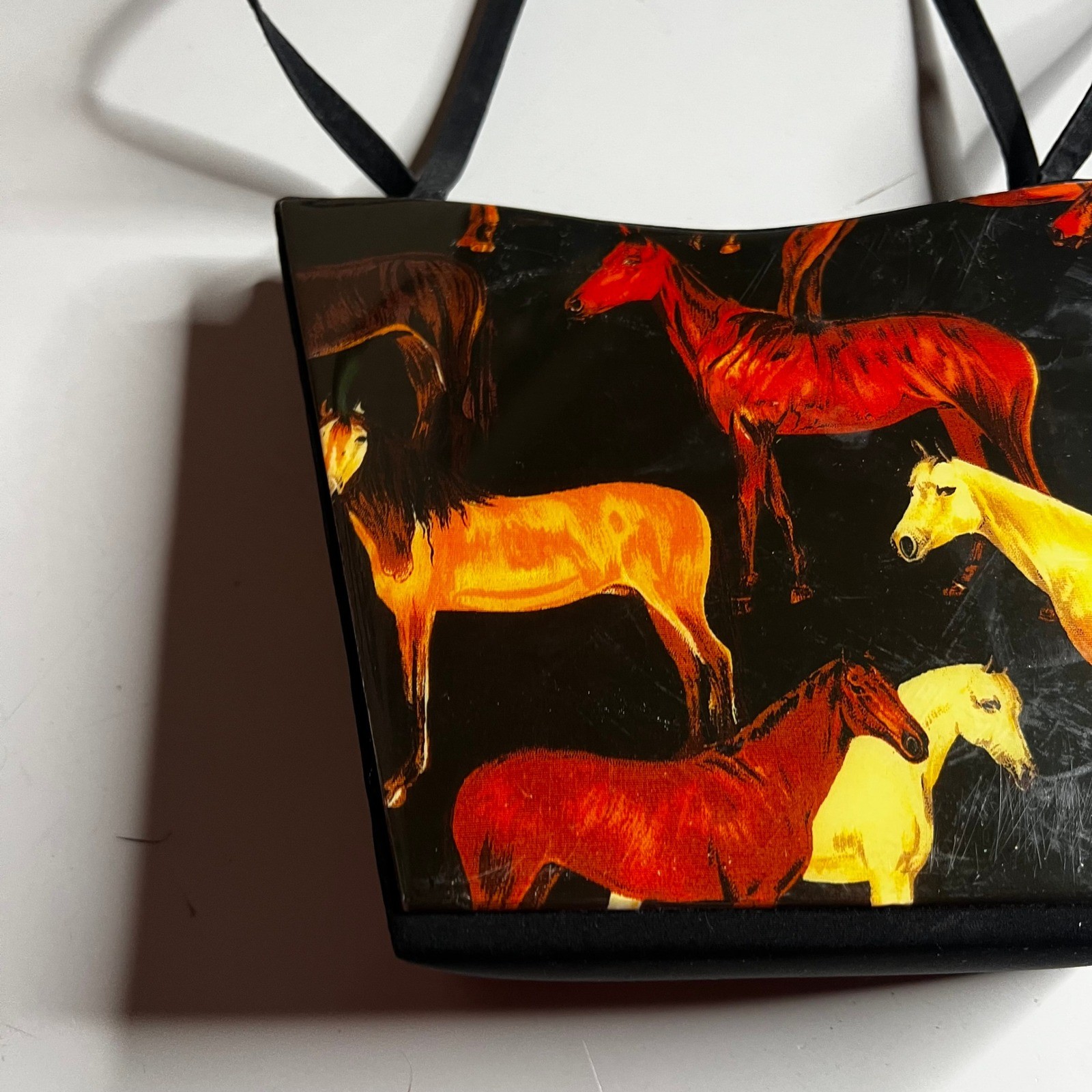 Angela Frascone Vintage Horse Print Resin Handbag Black Equestrian Shoulder Bag