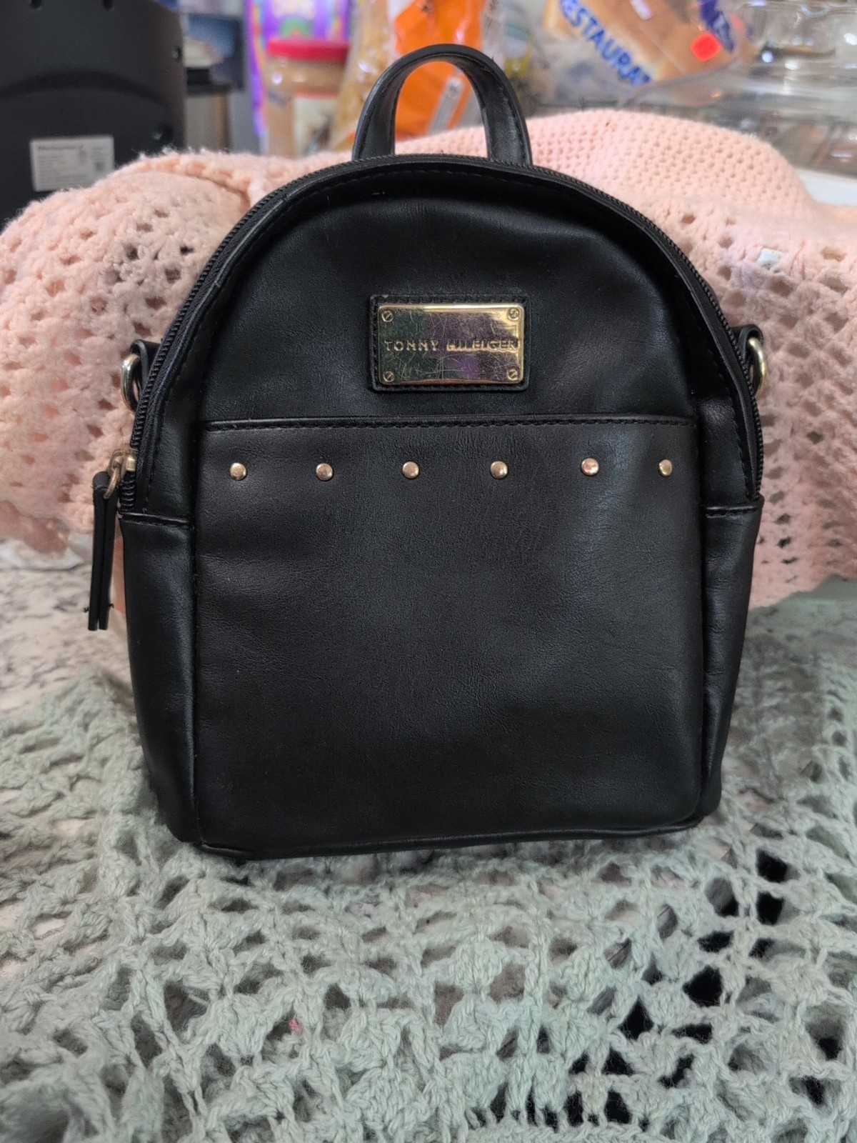 Y2K 90s Mall Vintage Rare Tommy Hilfiger Purse Minature Bookbag Black Bag Gold
