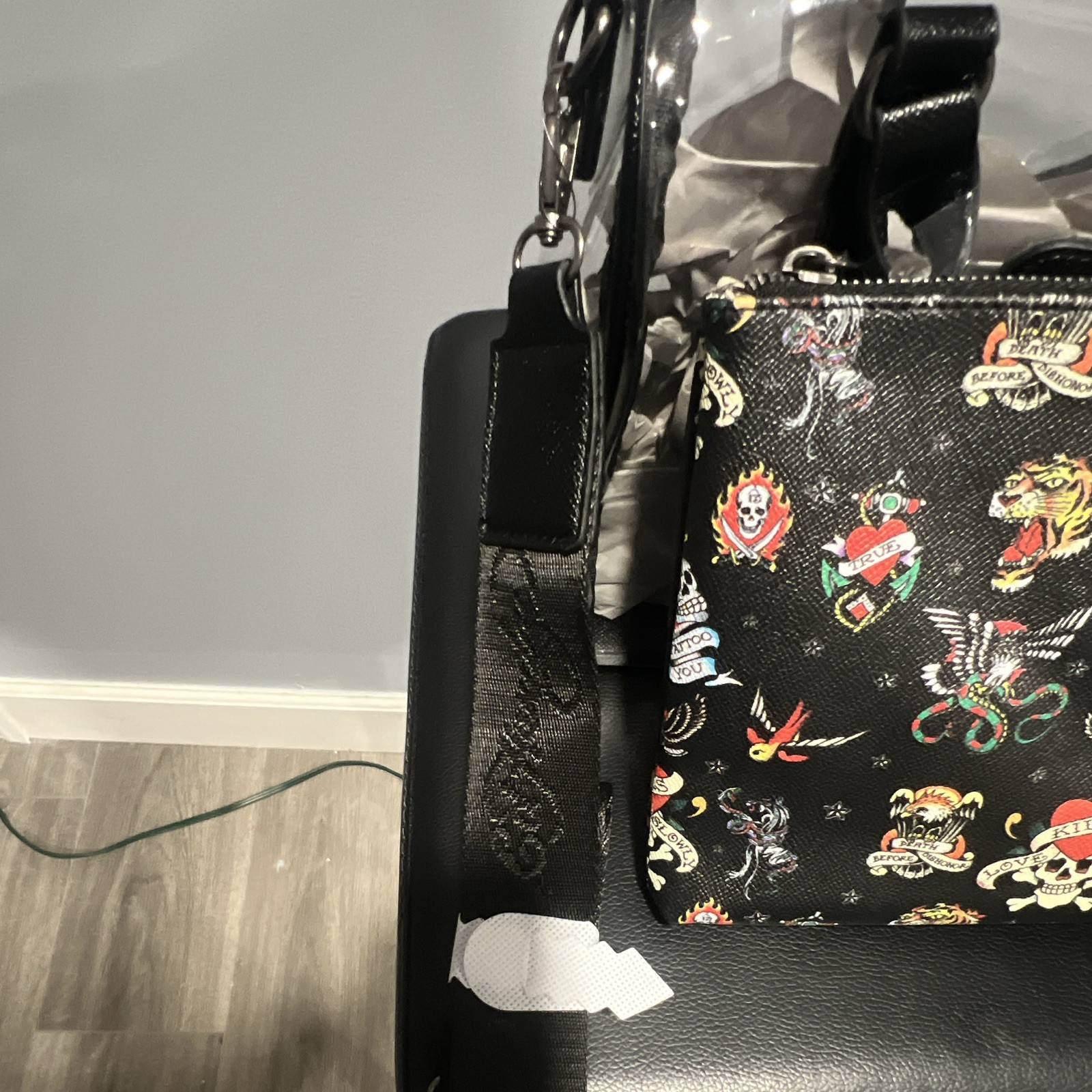 Ed Hardy Clear/Black Large Tote Zip Top w/ Detachable Strap & Tattoo Pouch