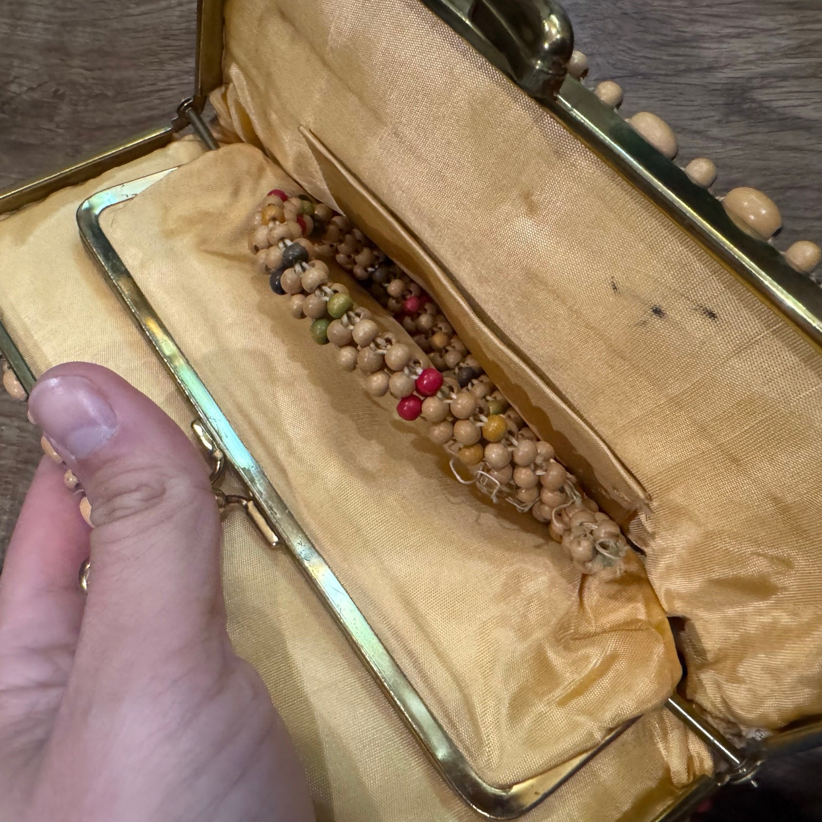 Vintage 1930s? Czech? Rainbow Wood Bead Beaded Clutch Purse w/ Unattached Handle