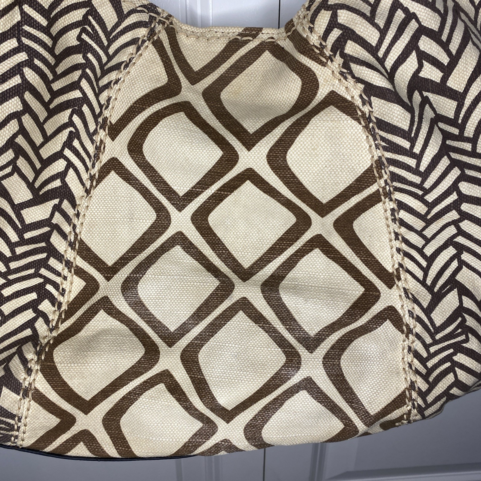 Fossil ARI Embellished Tribal Geometric Canvas Hobo Shoulder Bag Tote Brown