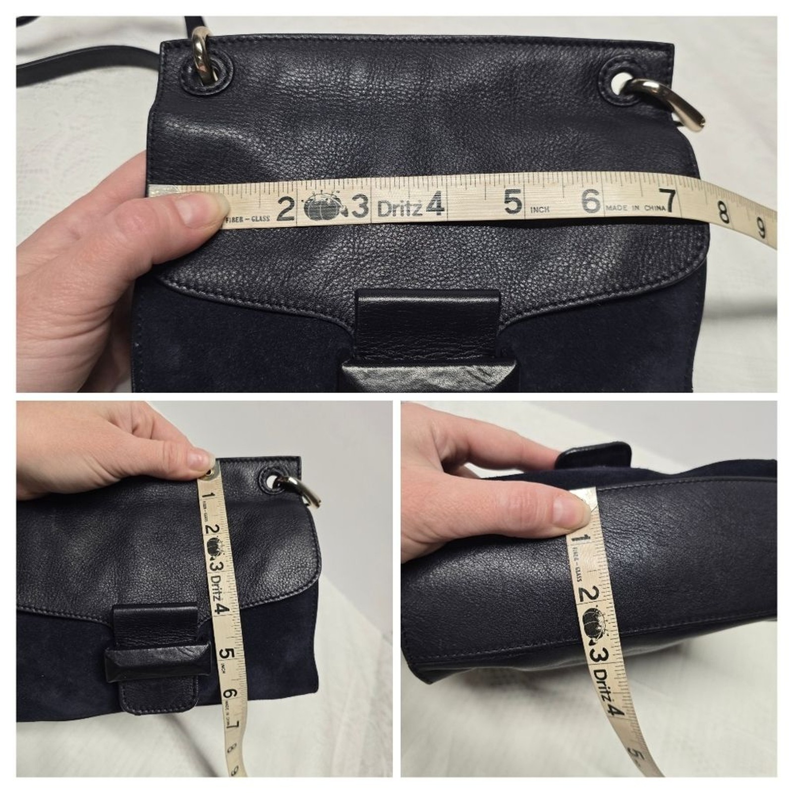 Massimo Dutti Navy Blue Genuine Leather And Suede Preppy Crossbody Bag