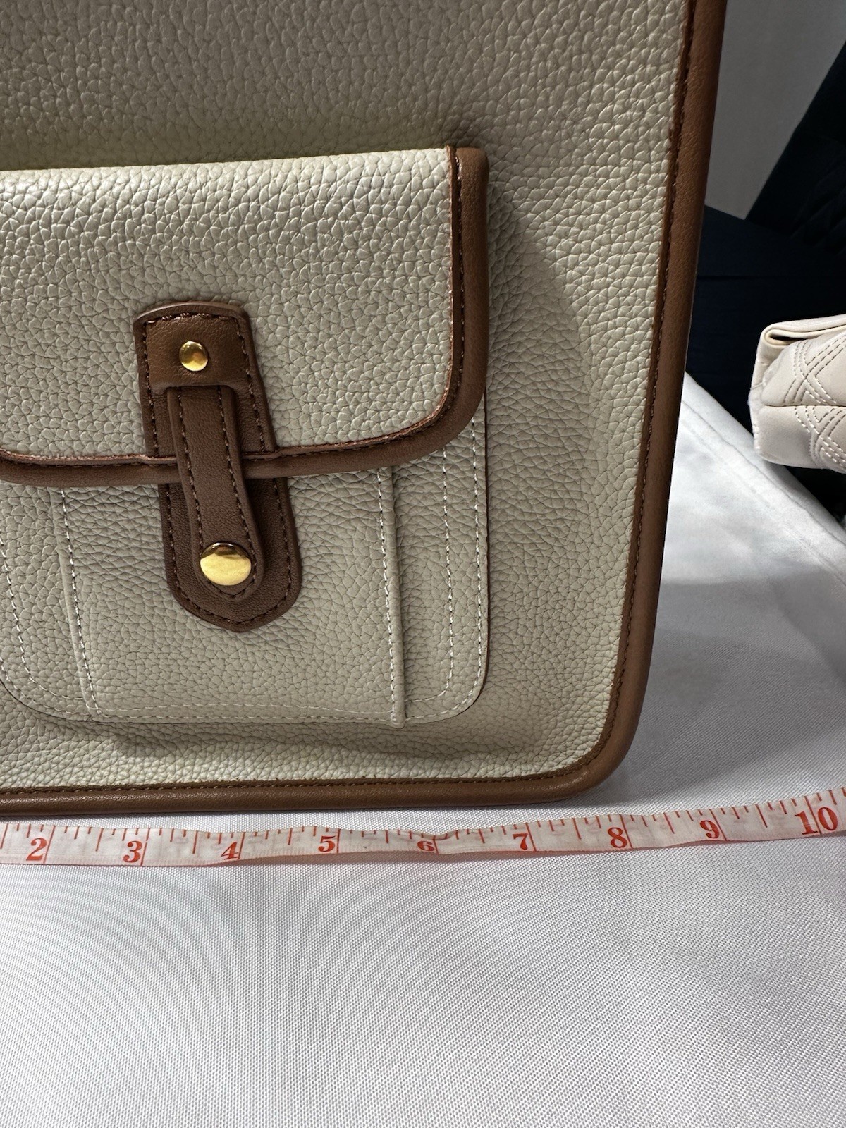 Beige Pebbled Crossbody Bag, Brown Trim Gold Hardware Zip, Flap Pocket