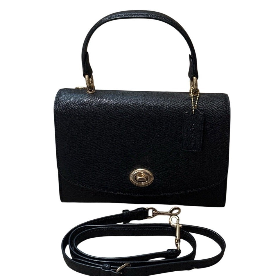 Coach Tilly Top Handle Satchel Black Crossgrain Leather Crossbody Bag F76618
