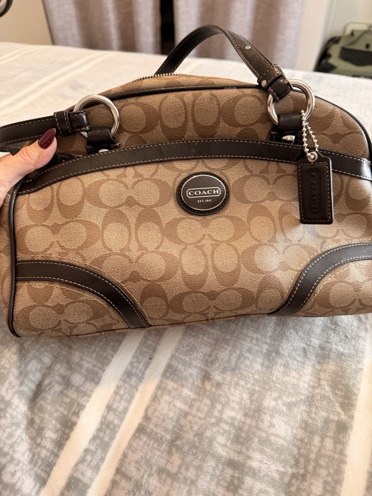 Coach Peyton Signature Bowler Satchel, Beige & Brown Canvas, Dark Leather Trim