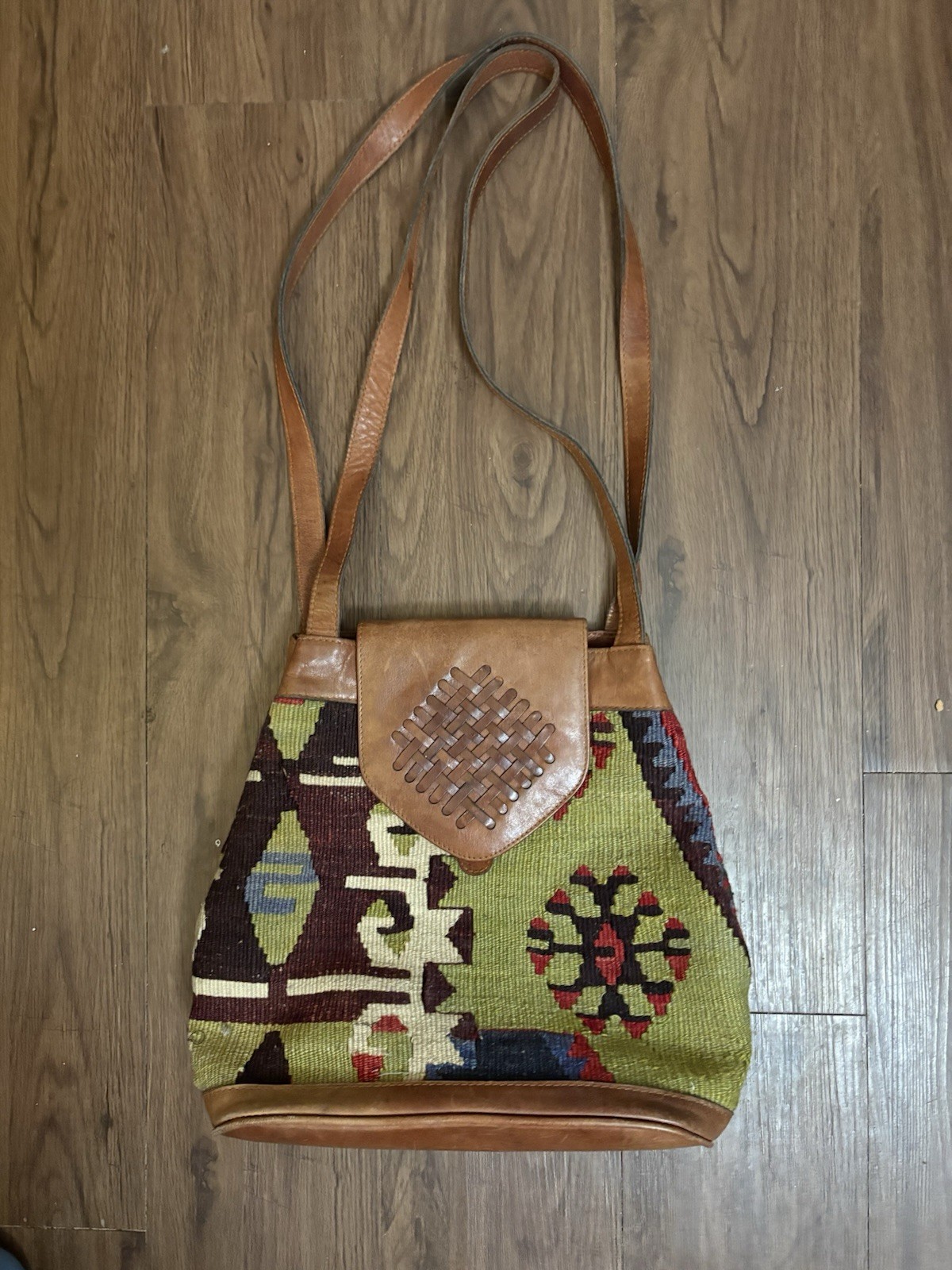 Kilim ART Multicolor Geometric Leather Trim Long Double Handles Bag