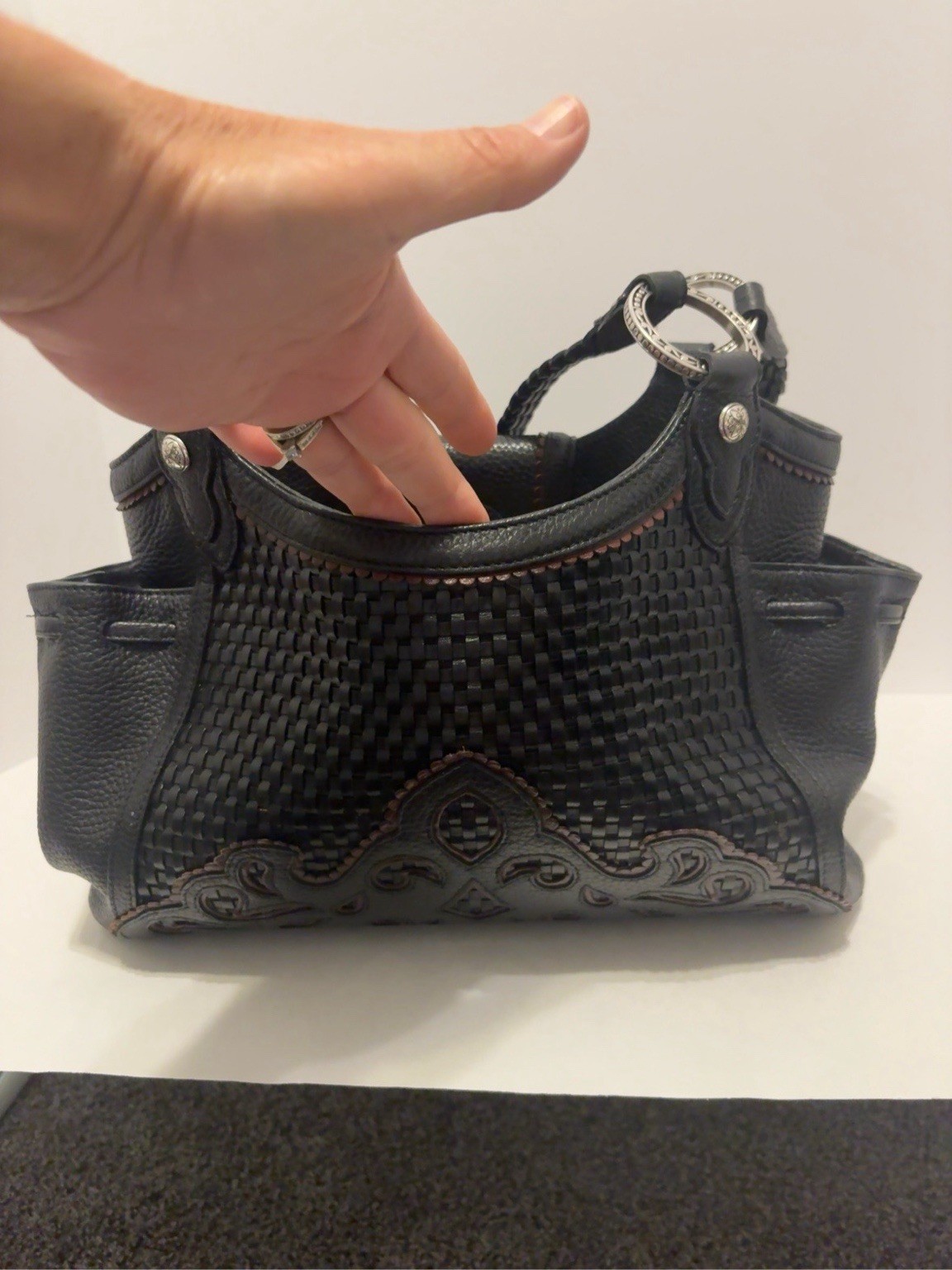 Brighton Black Leather Woven Shoulder Bag Braided Handles Silver Hardware Purse