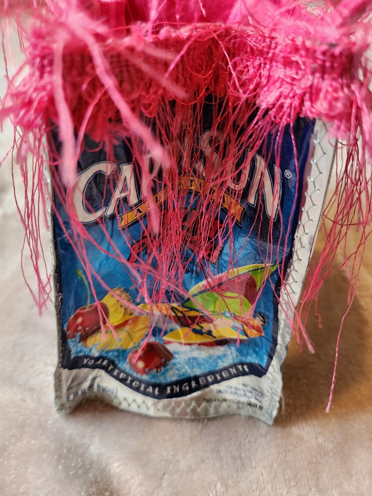 Capri Sun Juice Drink Purse Handbag Recycled Wearable Art Womens Pink Fringe