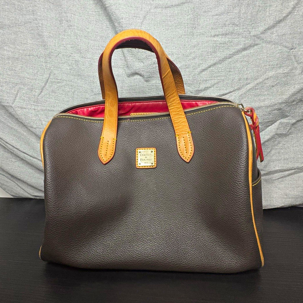 Dooney & Bourke Brown Pebbled Satchel, Zip Closure, Detachable Strap, Red Lined