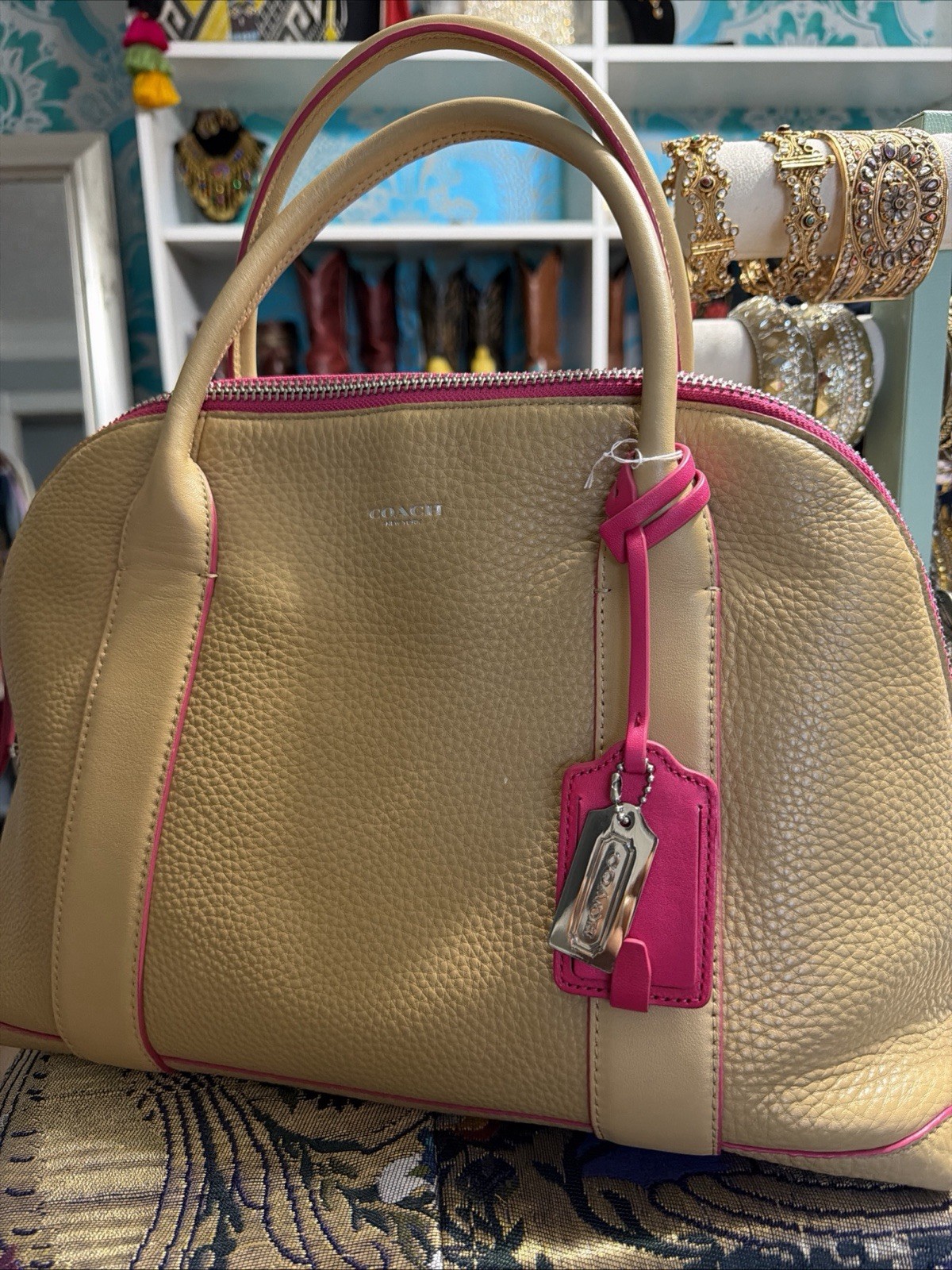 Coach Leather Handbag with Pink Zipper And Satin storage Bag