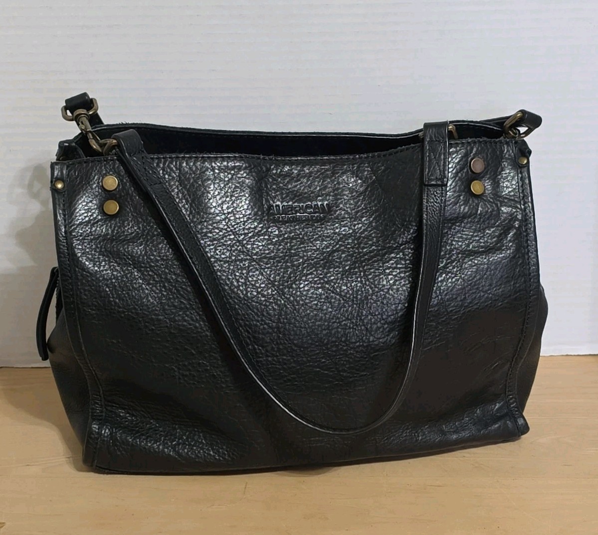 AMERICAN Leather Co LENOX Black Triple Entry Satchel Shoulder Bag Purse Clean EC