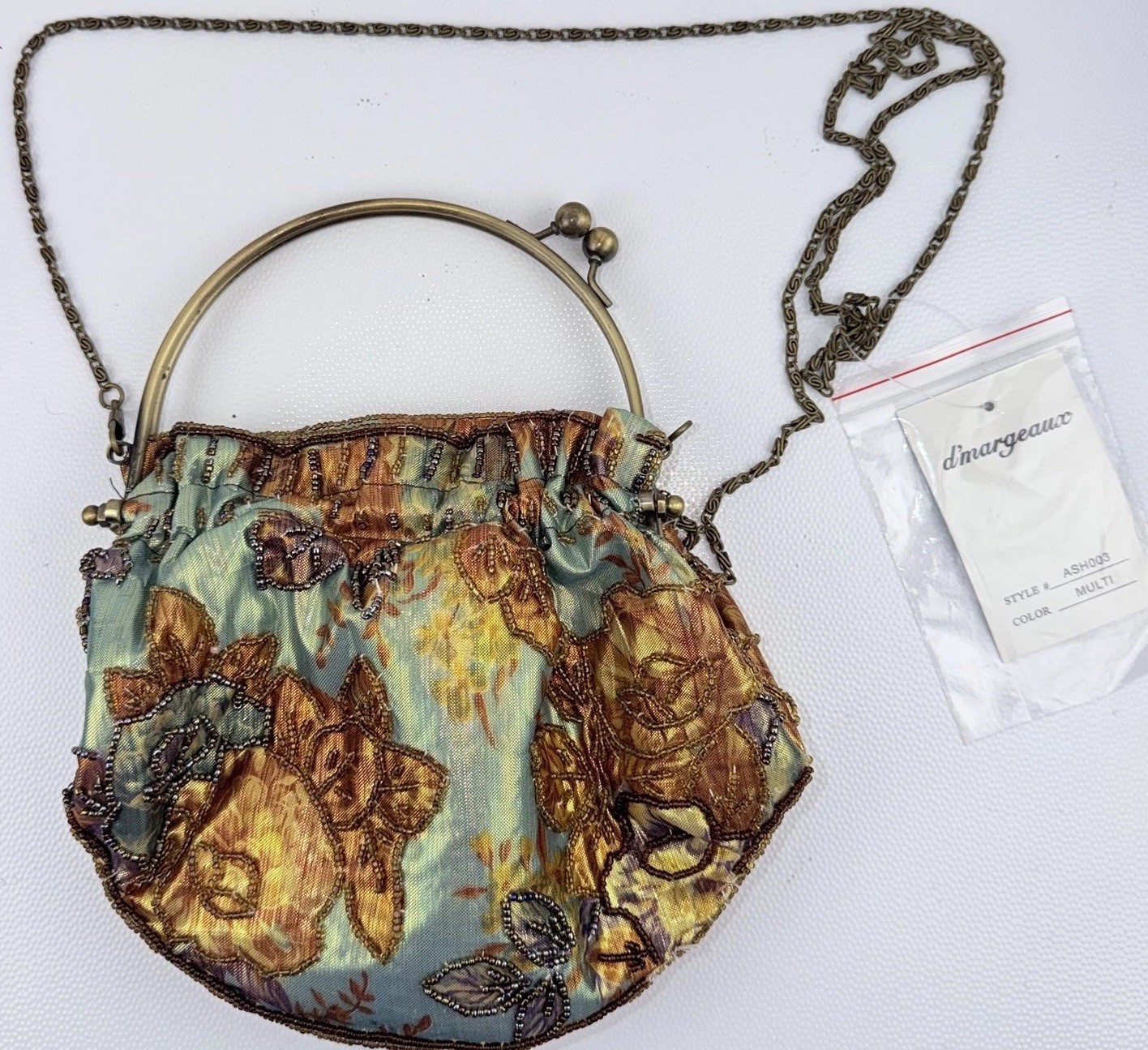 d’Margeaux Beaded Floral Kiss Lock Handle Mini HandBag Frame Purse Chain Strap