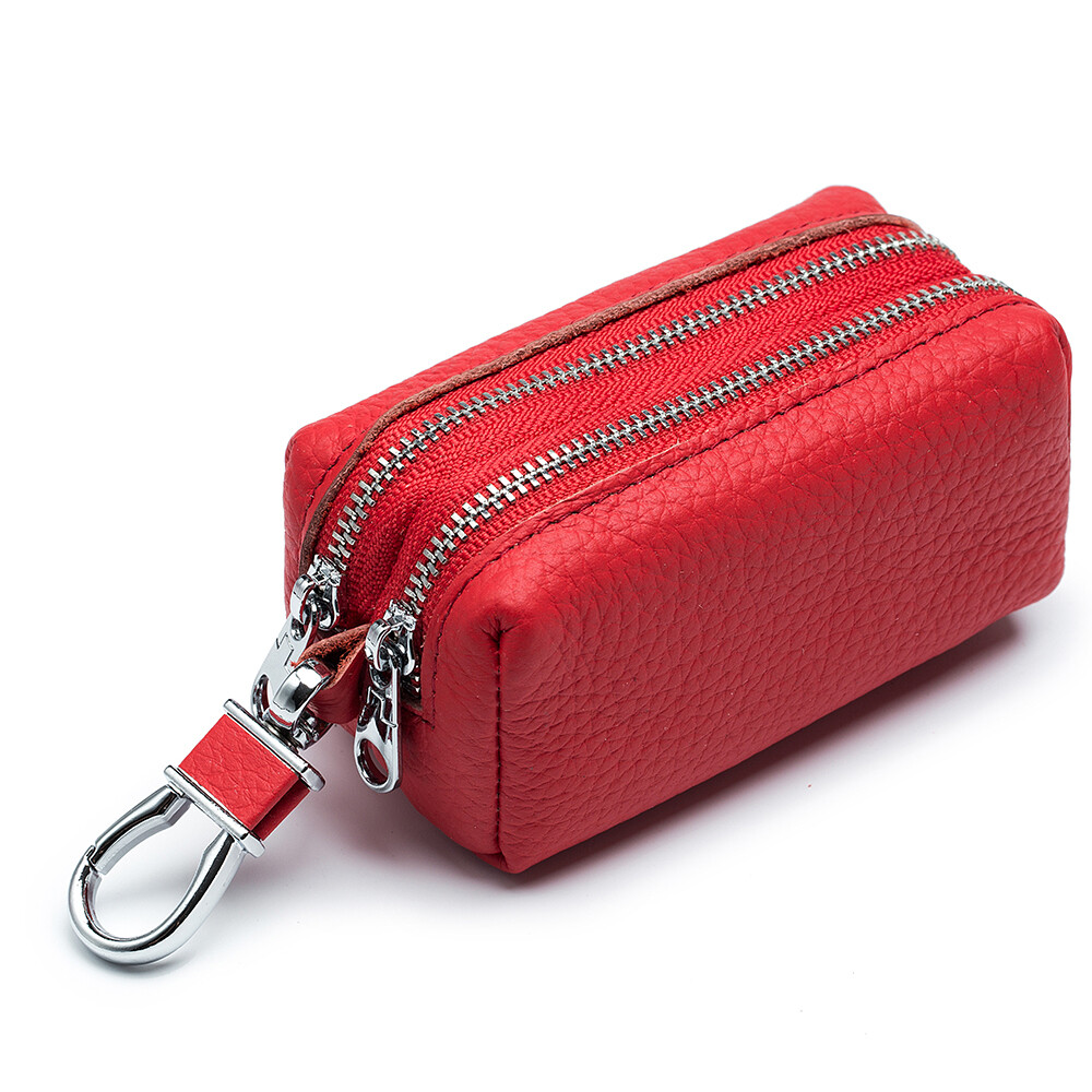 Genuine Leather Car Key Case Wallet Unisex Double Zipper Keychain Coin Purse Bag