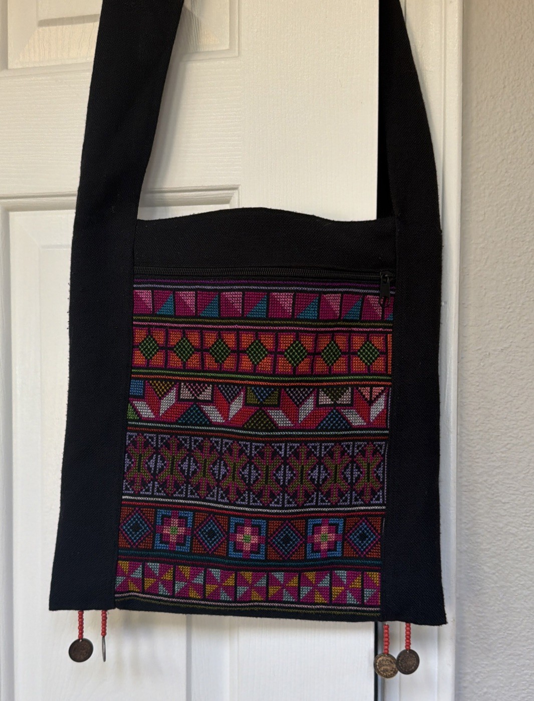 Guatemalan Shoulder HandBag Embroidered, Beads coins Zipper Pocket