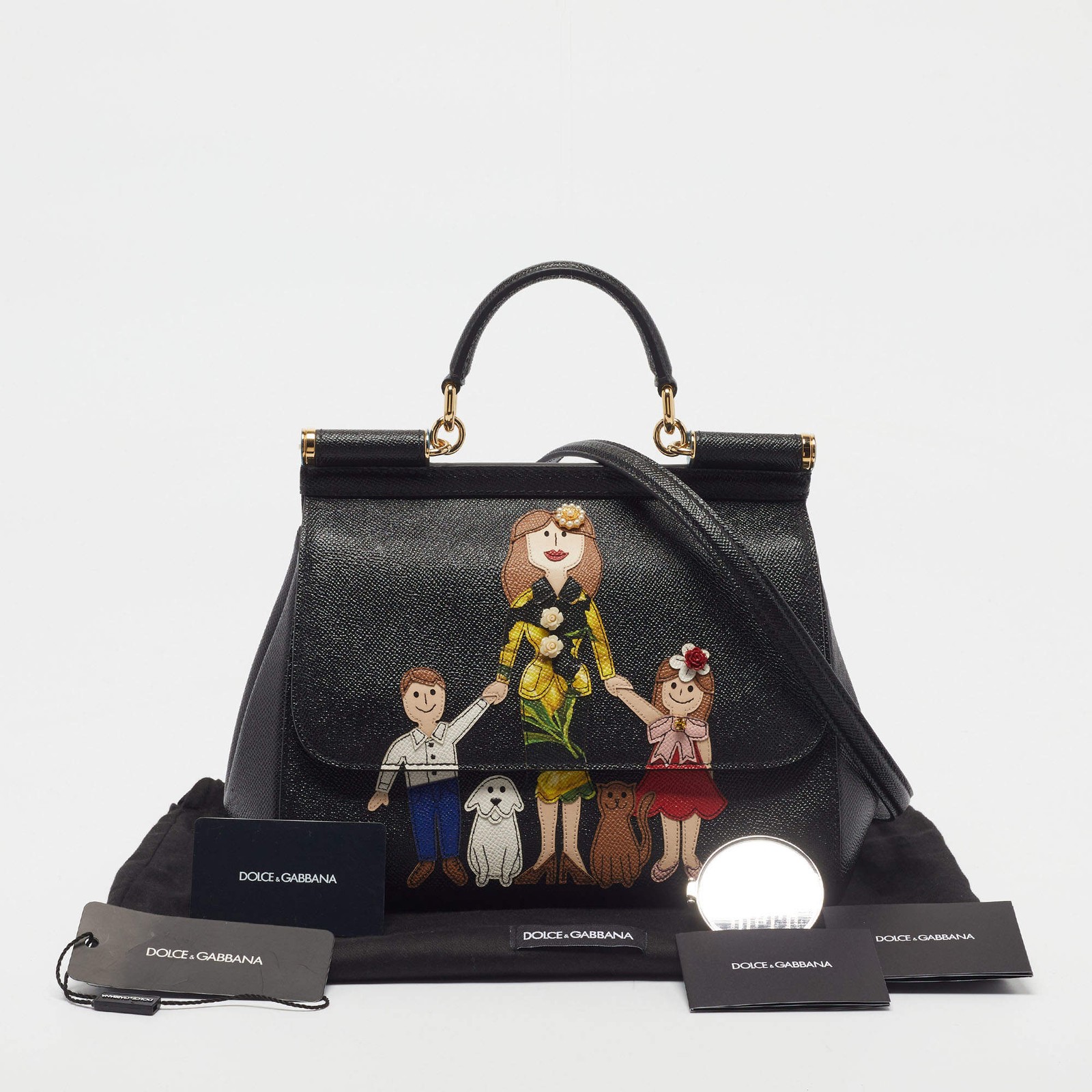 Dolce Gabbana Miss Sicily DG Family Medium Black Leather Top Handle Bag