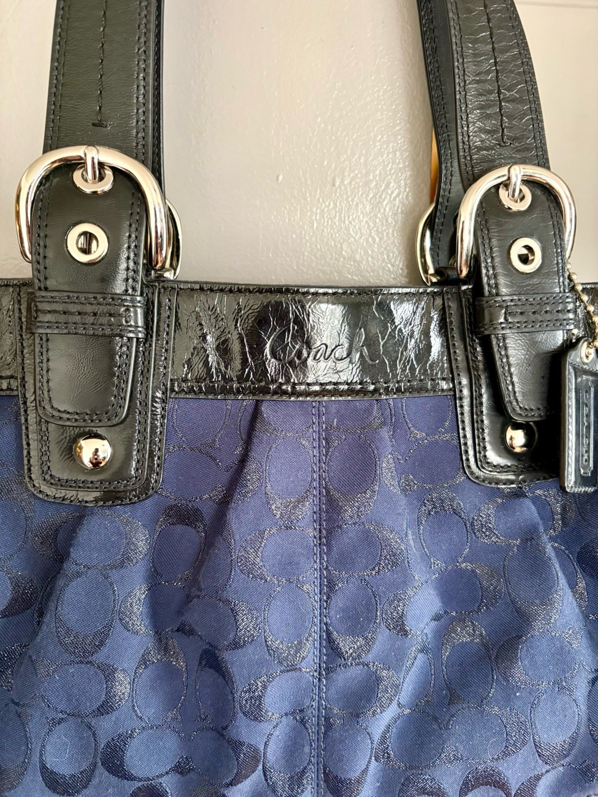 Vtg Y2K COACH Soho Sig. Pleated Shoulder Tote Bag Navy Blue BLK F16044 PRISTINE