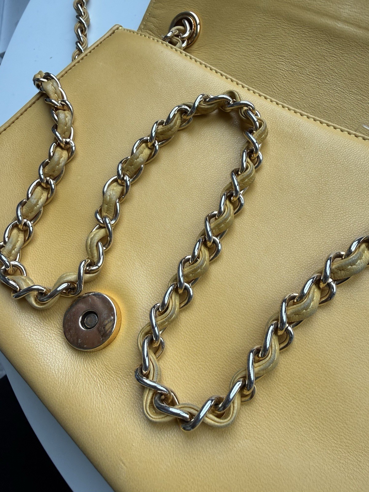 CHANEL Vintage 1990s Quilted Lambskin Envelope Flap Shoulder Bag Mustard Yellow