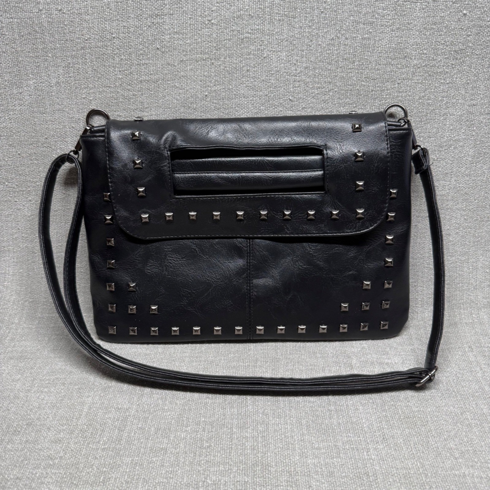 Black Faux Leather Studded Crossbody Bag Clutch Purse Punk Rock Goth Edgy Medium