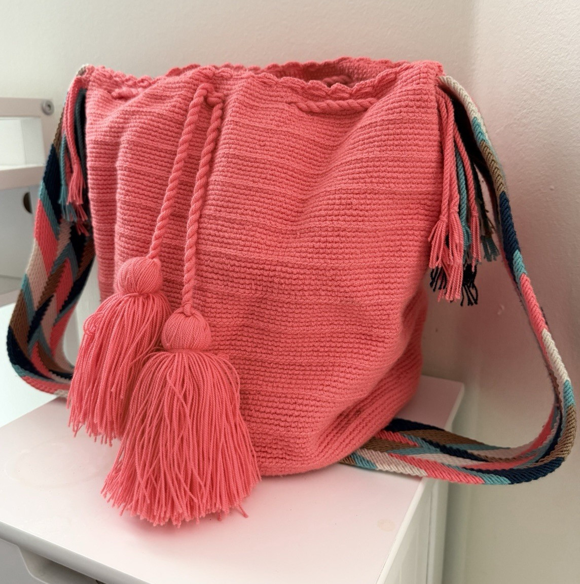 Colombian Wayuu Mochila Bag Solid Coral Pink Handmade Crochet Bucket Crossbo